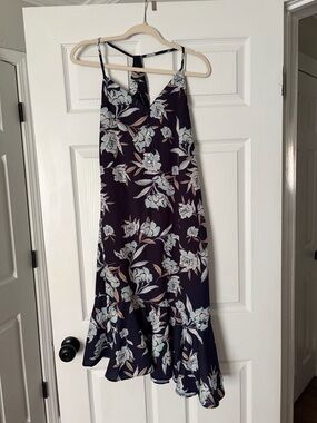 Navy Floral Midi Slip Dress with Ruffle Hem